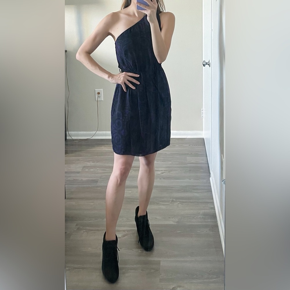 Express One Shoulder Purple / Black Print Dress XS / Small